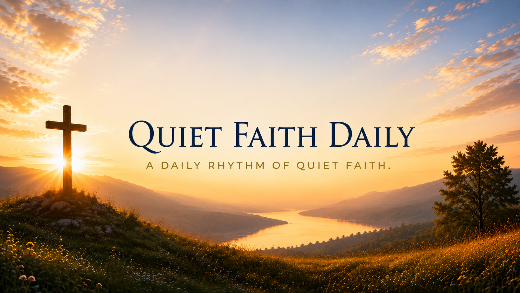 Quiet Faith Daily logo over a sunrise valley with a wooden cross on a hillside, with the tagline A daily rhythm of quiet faith.